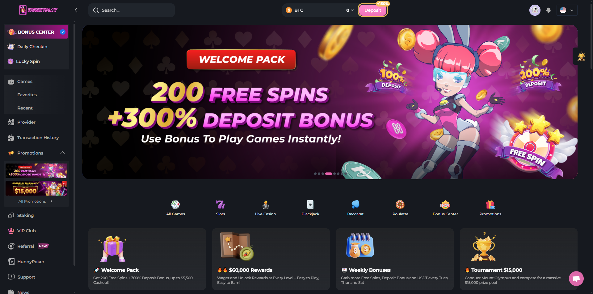 HunnyPlay Casino Homepage